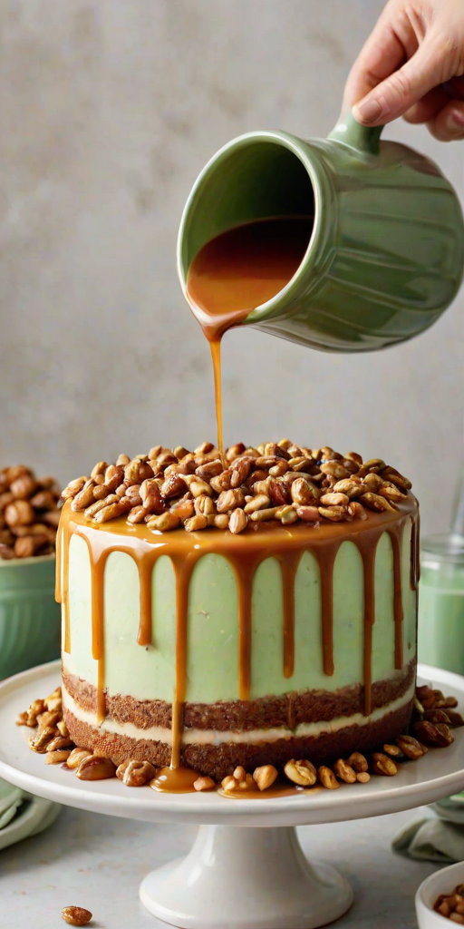 Create an image of a layered cake on a white pedestal stand. A hand is pouring a rich caramel sauce from a light green pitcher onto the top of the cake, which is decorated with crushed nuts. The background is neutral and softly lit to enhance the focus on the cake.