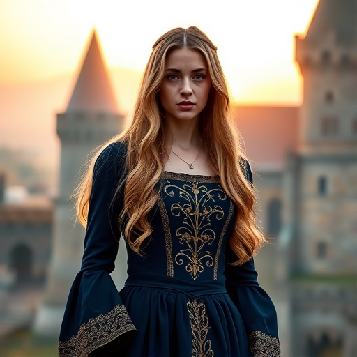 A young woman with long, wavy blonde hair wearing a dark blue medieval gown with intricate gold embroidery stands in front of a misty castle backdrop during golden hour with soft lighting, using a full-frame DSLR camera, 50mm lens, f/1.8 aperture, ISO 100, and a shutter speed of 1/200s to capture rich colors and sharp details.