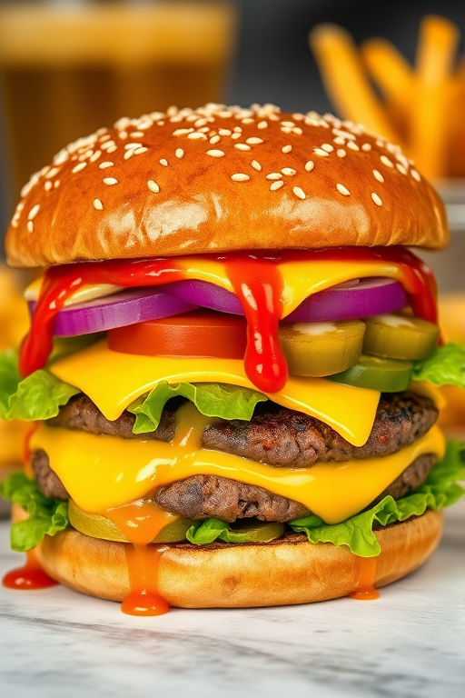 High-resolution, close-up image of a gourmet double cheeseburger. The burger features a glossy, sesame-seed-topped brioche bun. Inside, there are two thick, juicy beef patties, each topped with melted cheddar cheese. The burger is garnished with fresh lettuce, tomato slices, diced onions, and pickles. A generous amount of ketchup and a creamy, orange-colored sauce is dripping down the sides, adding to the mouth-watering appeal. In the background, there are blurred elements including a side of golden French fries and a hint of a beverage, enhancing the overall presentation of a delicious meal.