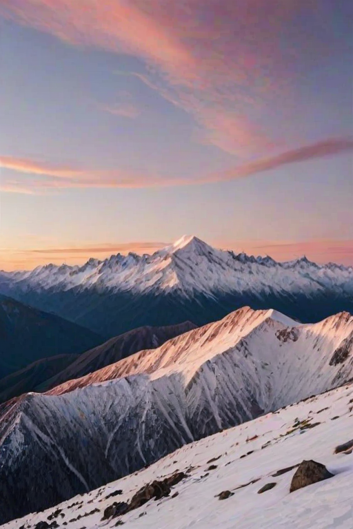 Sharp, high-resolution photo of a snow-capped mountain range at sunrise, soft pinks and oranges painting the sky, distant clouds gently rolling over the peaks, and the crisp, cold air of dawn.