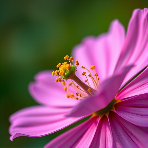 Close-up of a pink cosmos flower with vibrant petals and detailed stamen, shallow depth of field, f/2.8 aperture, 50mm lens, natural lighting, taken on a DSLR camera from a slightly elevated angle for enhanced perspective.