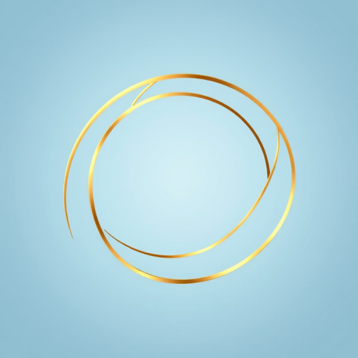 Create a high-resolution illustration of a golden circular object with curved, overlapping lines in a soft blue background, using a DSLR camera type, aperture f/8, ISO 100, and a macro lens for detail enhancement.