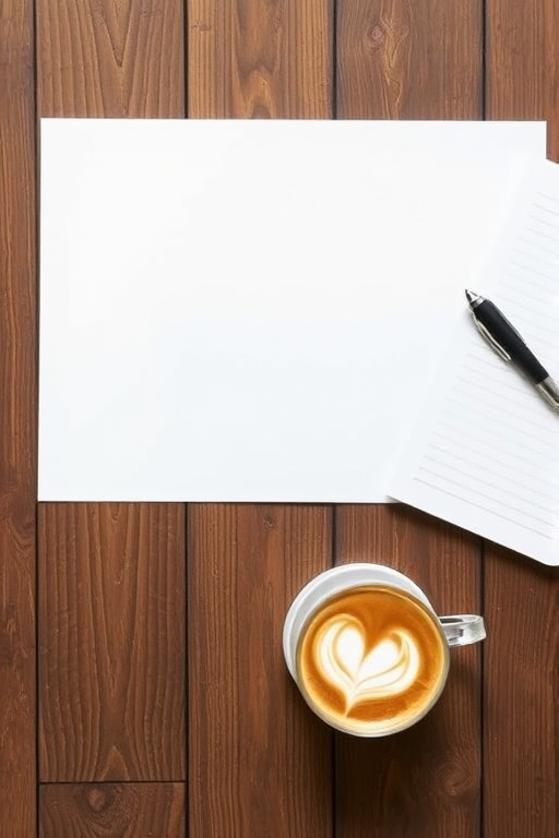A flat lay composition featuring a blank white sheet of paper on a wooden table, with an open notebook, a pen, and a cup of coffee with latte art, captured with a Canon EOS R, 50mm lens, aperture f/2.8, shutter speed 1/60s, natural light, with a focus on texture and depth.