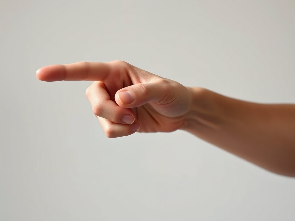 generate an image of a human arm extended outward with an index finger pointing, focus on the details of the skin texture, use a DSLR camera with a 50mm lens, aperture f/2.8, ISO 100, natural lighting, shot from a side view for depth.