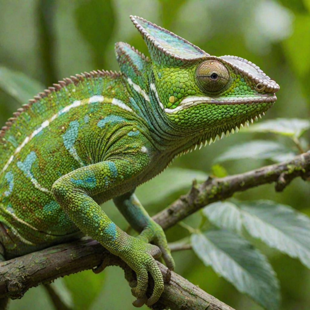 Sharp close-up of a chameleon blending into a lush green branch, its textured skin subtly shifting in hue, with the intricate veins of leaves in the background.