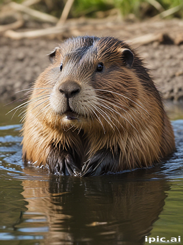 A Curious Beaver Peeking Out from the Water's Edge in Nature.