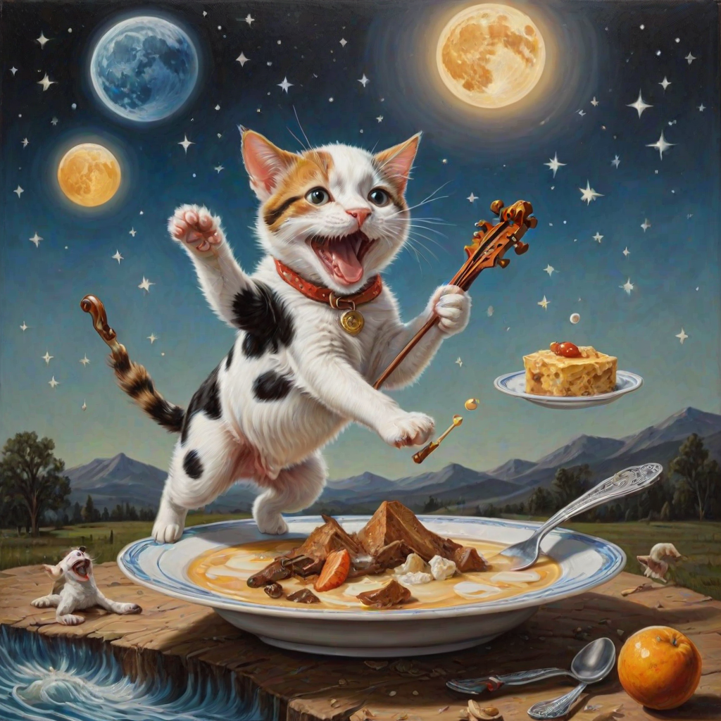 A whimsical hyper vibrant, hyper realistic and hyper detailed image of a cat and a fiddle, a cow jumping over a moon , a laughing dog, and a dish running away with a spoon, oil painting and airbrush