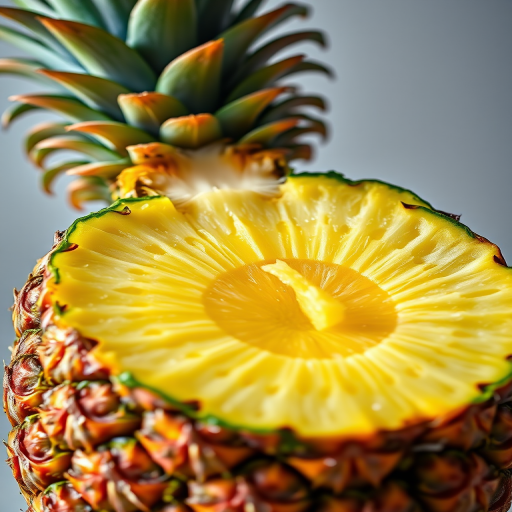Create a vibrant, high-quality illustration of a pineapple sliced in half and in rings, with a focus on texture and detail, captured with a Canon EOS R5, 50mm lens, f/1.8 aperture, natural lighting, and a shallow depth of field for enhanced clarity and richness in colors.