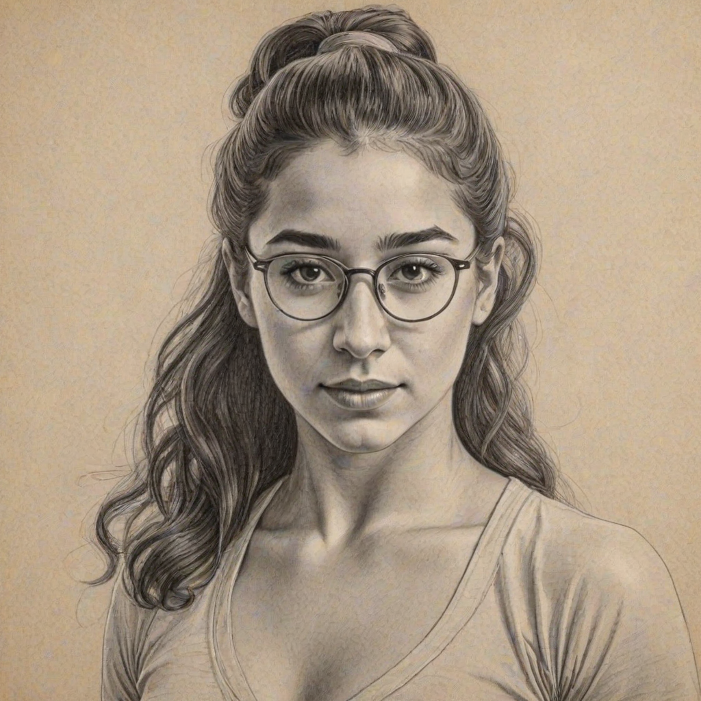 Appealing Aly Raisman, pencil sketch, portrait of Beauteous woman 1921s in glasses, hair style beatnik, outline, clear lines, fine lines, 8k