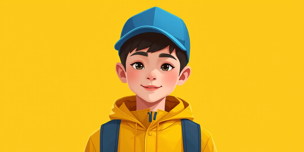 Create a digital illustration of a young person wearing a yellow jacket and a blue hat, standing against a solid yellow background, captured with a 50mm lens at f/2.8, using a soft focus style with a high-resolution format for vibrant colors and clean lines.