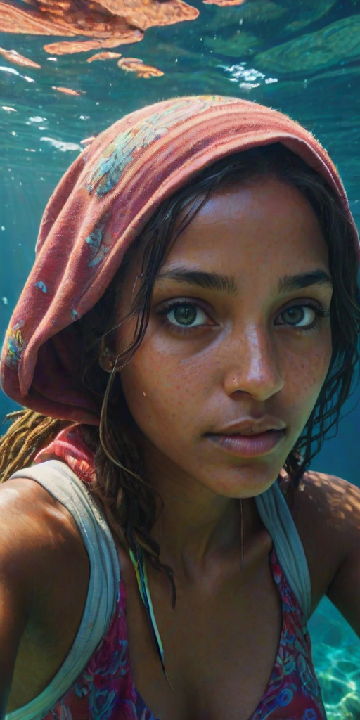 Realistic selfie image of a Oromo, wearing a vintage outfit, detailed dreamy eyes, droopy hooded eyes, staring at the camera, taken underwater at coral reef with a sunbeam filtering through the water, vibrant, summer vacation, natural lighting, turtle and school of tropical fish with vibrant colors, rendered in the style of CryEngine, Pegi Nicol MacLeod, with realistic genre scenes, hauntingly beautiful narratives, ultra-realism, and Thomas Saliot's close-up technique, 8K resolution, crystal clear and sparkling water.