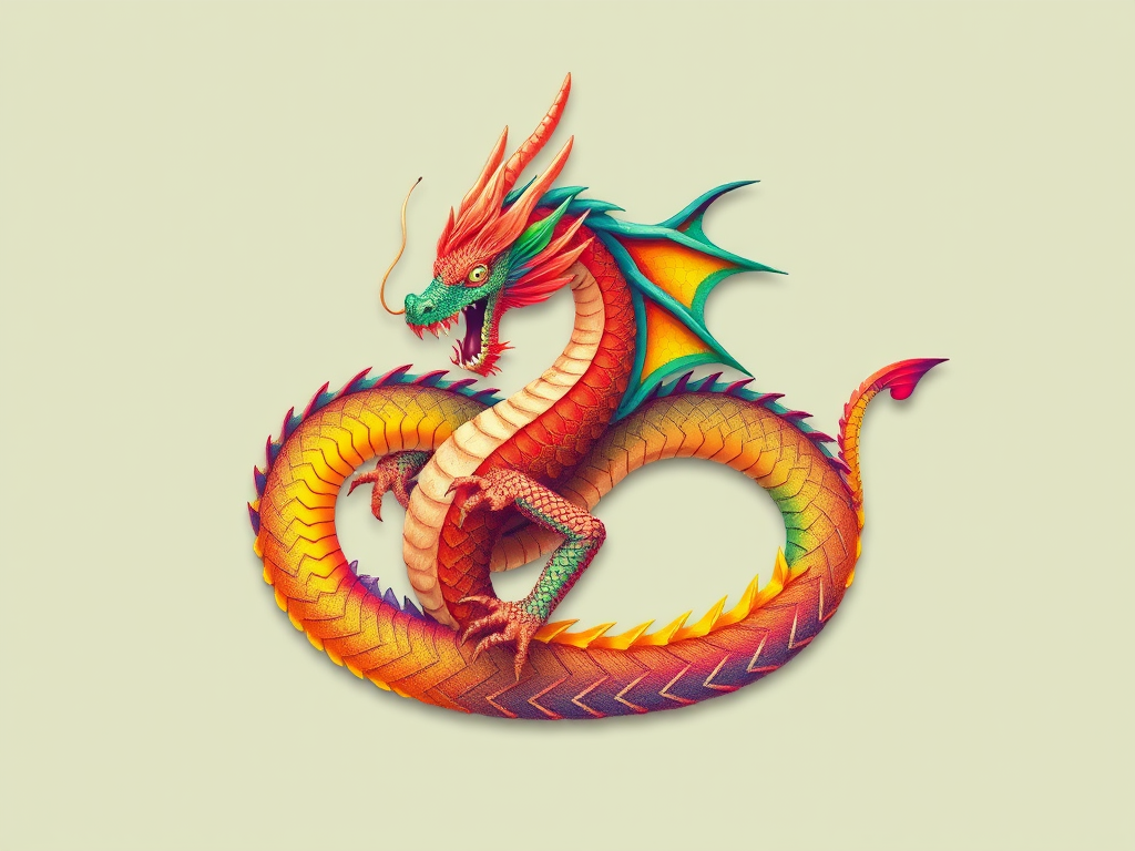 Create a vibrant illustration of a dragon intertwined with rainbow colors, featuring intricate scales and a dynamic pose, using a DSLR camera with a 50mm lens, f/1.8 aperture, ISO 200, shot from an overhead view to enhance detail and color saturation.