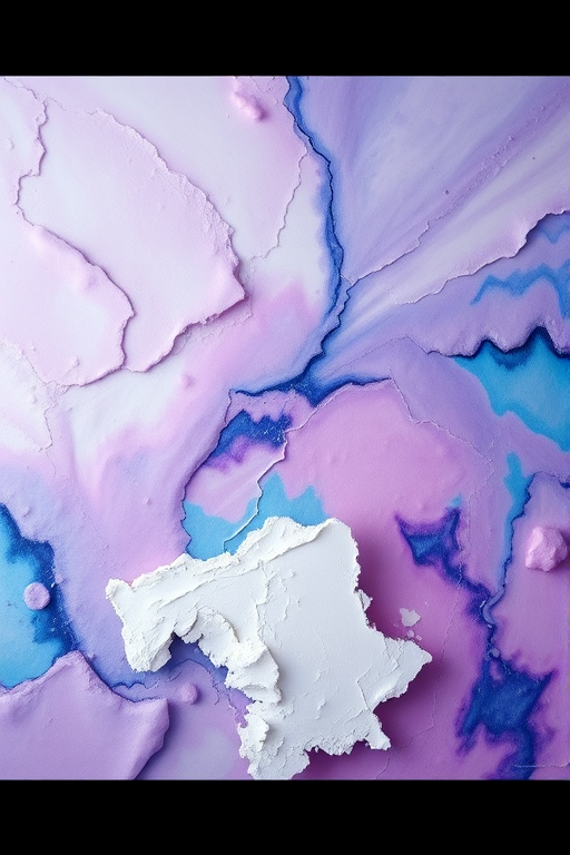 Create a high-resolution abstract painting with soft purple, blue, and white textures, using a Canon EOS R6 camera, 50mm lens, f/1.8 aperture, ISO 100, and a tilt-shift perspective to enhance depth and detail.
