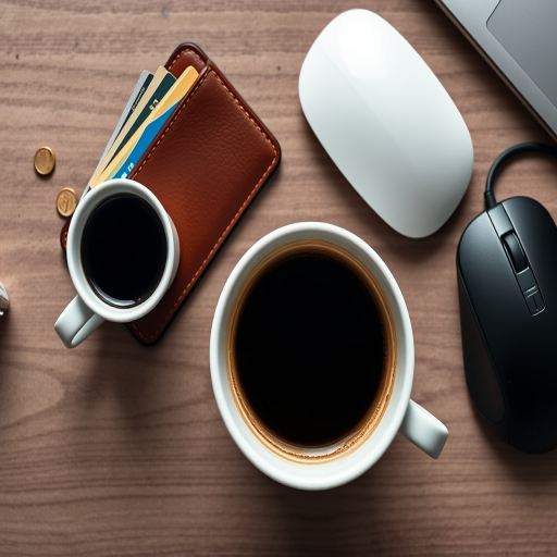flat lay of a coffee cup, wallet with cards, cash, coins, and a computer mouse, natural lighting, 50mm lens, f/2.8 aperture, 1/125 sec shutter speed, ISO 400, top-down view, high-resolution digital photography