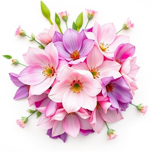 a vibrant watercolor floral arrangement with soft pink and purple flowers on a clean white background, taken with a Canon EOS R5, aperture f/2.8, ISO 100, 50mm lens, soft focus style, top-down view to enhance detail and color vibrancy