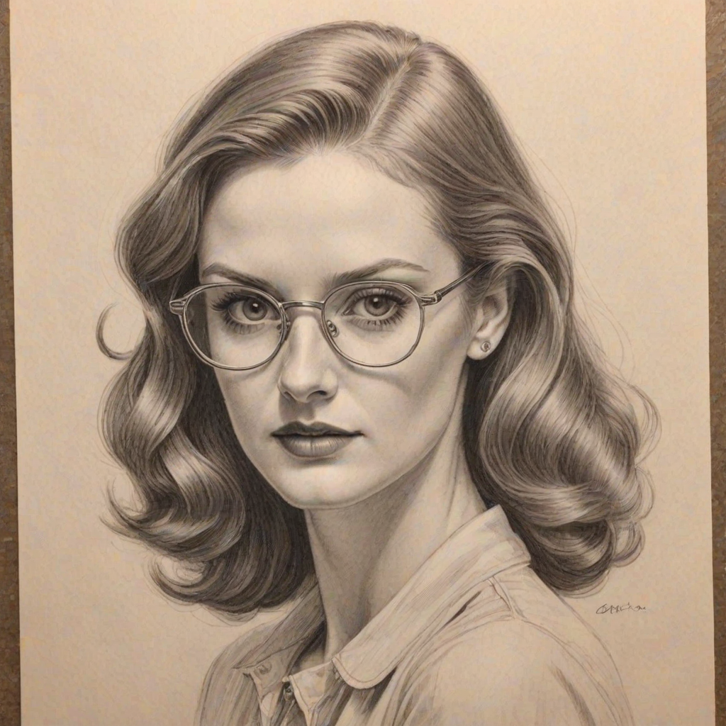 Wonderful Lydia Hearst, pencil sketch, portrait of Enchanting woman 1939s in glasses, hair style beatnik, outline, clear lines, fine lines, 8k