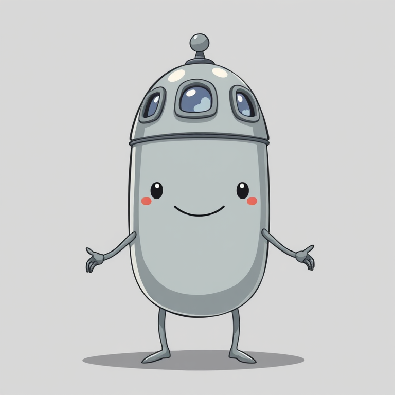 Create a high-resolution illustration of a whimsical gray capsule-shaped character with three windows on top and four pointed limbs, set against a neutral gray background, using a Canon EOS 5D Mark IV, with a 50mm f/1.8 lens, aperture set to f/8, ISO 100, and a soft focus effect to enhance details.