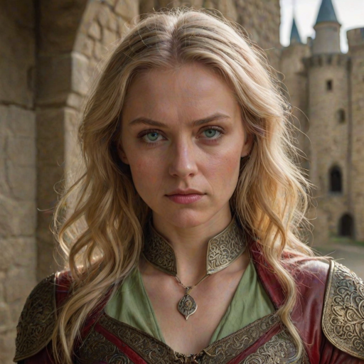 Woman with blonde hair, serious look, very light green-yellow eyes, warm side light, metallic pendant, very ornamental red leather clothes, medieval castle interior background