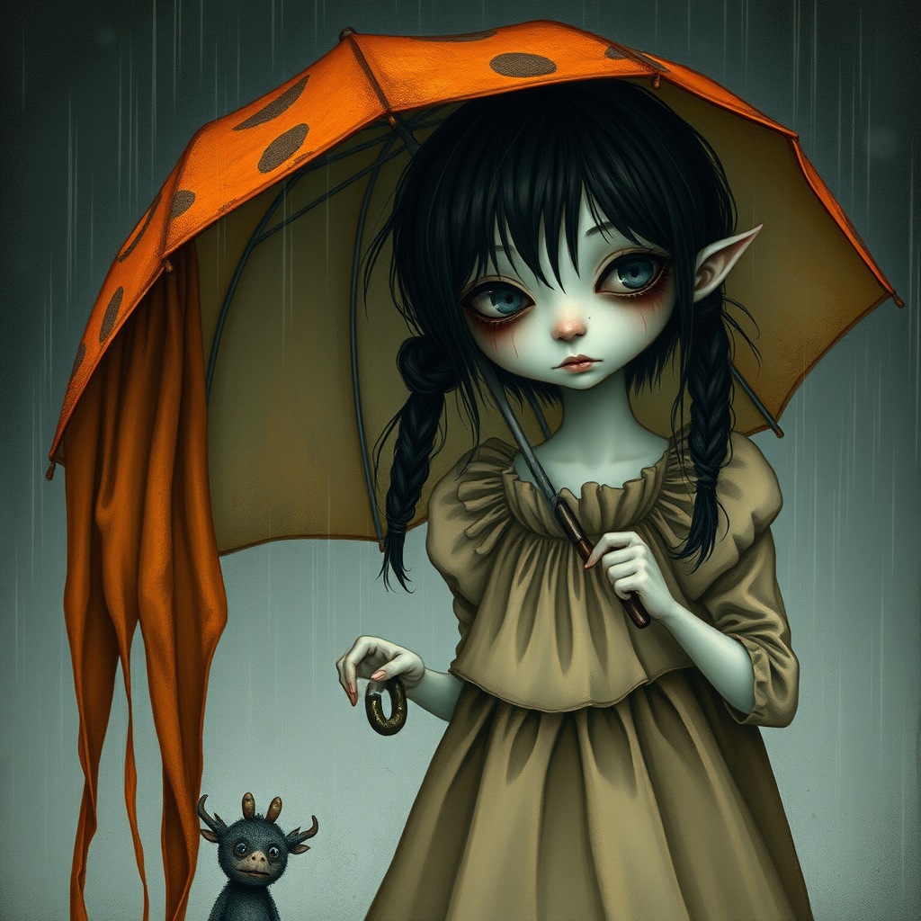 An eerie, weird little girl with dark hair in thin pigtails, wearing a smock dress, standing in the rain, holding a dirty orange umbrella, a small, odd creature beside her. In a surreal style inspired by Nicoletta Ceccoli and Brian Froud. Dark fantasy themes