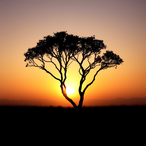 Generate a high-resolution image of a minimalist tree silhouette against a sunset background, using a DSLR camera with a 50mm lens, f/1.8 aperture, ISO 100, and a shutter speed of 1/250s, in landscape orientation with soft focus on the background.