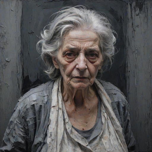 Final exit party. Dark Moody impasto dark picture edges. old woman. grey untidy hair streaked with white and pastel muted colours. include whole head and neck and shoulders. death lurks in the background.