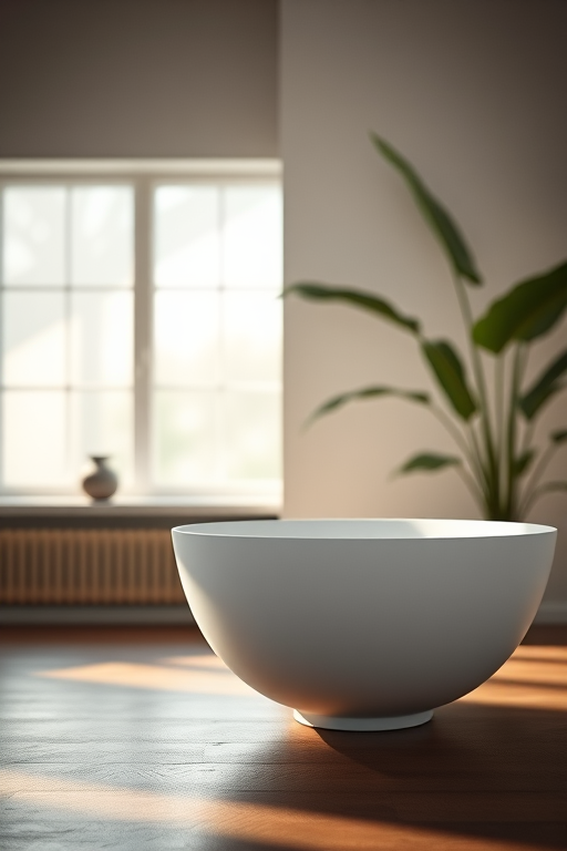 interior scene of a minimalist room with a large white bowl and a potted plant, soft natural light streaming through windows, focus on shadows and textures, aperture f/4, shutter speed 1/60s, ISO 200, wide-angle lens, DSLR camera, high resolution