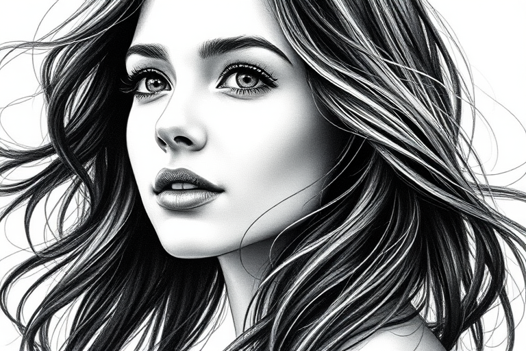 beautiful portrait of a woman with flowing hair, ink sketch style, high contrast black and white, soft focus effect, aperture f/1.8, shutter speed 1/125s, ISO 100, portrait orientation, DSLR camera