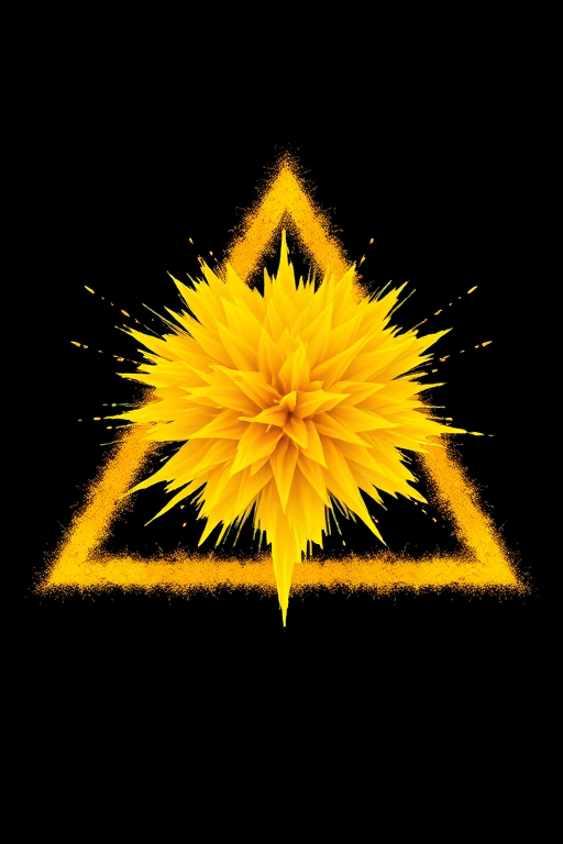 Create a vivid illustration of a yellow explosion within a triangular shape, with high contrast against a black background, using a DSLR camera with a 50mm lens, f/1.8 aperture, ISO 100, and shot in landscape mode for enhanced clarity and color saturation.