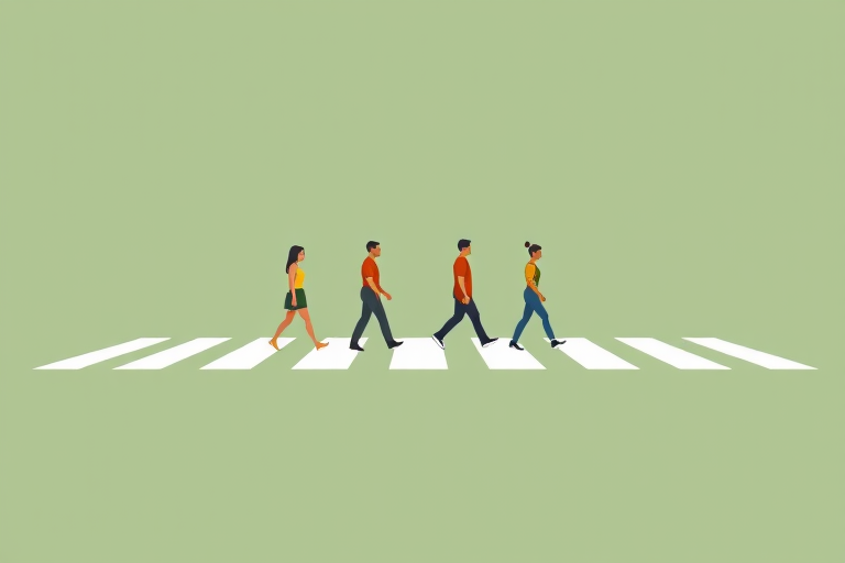 Create a minimalist vector illustration of four figures walking in a line across a white crosswalk on a muted green background, using sharp lines and flat colors, simulate a DSLR camera setting with f/8 aperture, ISO 200, and a focal length of 50mm, in a clear and evenly lit style that emphasizes simplicity and artistic expression.