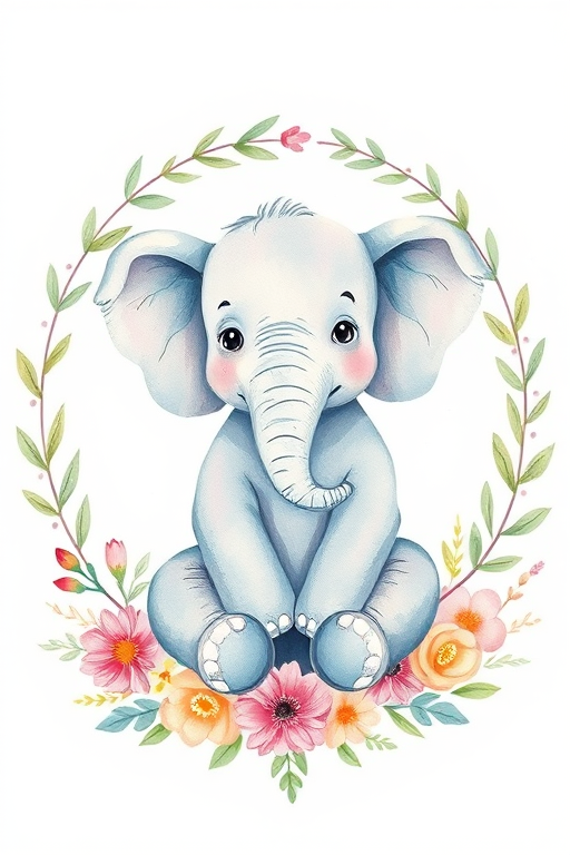 Create a whimsical watercolor illustration of a sitting elephant surrounded by a circular arrangement of leaves and flowers, with soft pastel colors, using a Canon EOS R5, aperture f/2.8, 50mm lens, natural lighting, and a shallow depth of field for enhanced detail.