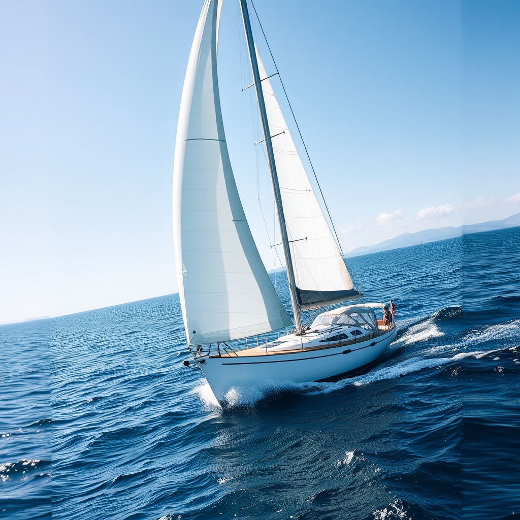 Sharp, detailed photo of a sailboat cutting through calm ocean waters, soft breeze filling the sails, distant islands barely visible on the horizon, the smell of saltwater in the air, and the sense of adventure.