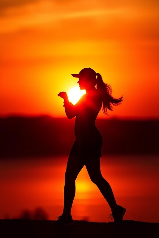 Generate a high-resolution image of a silhouette in a dynamic pose against a vibrant sunset, using a DSLR camera, f/1.8 aperture, ISO 100, with a 50mm lens, at a low-angle view for dramatic effect.