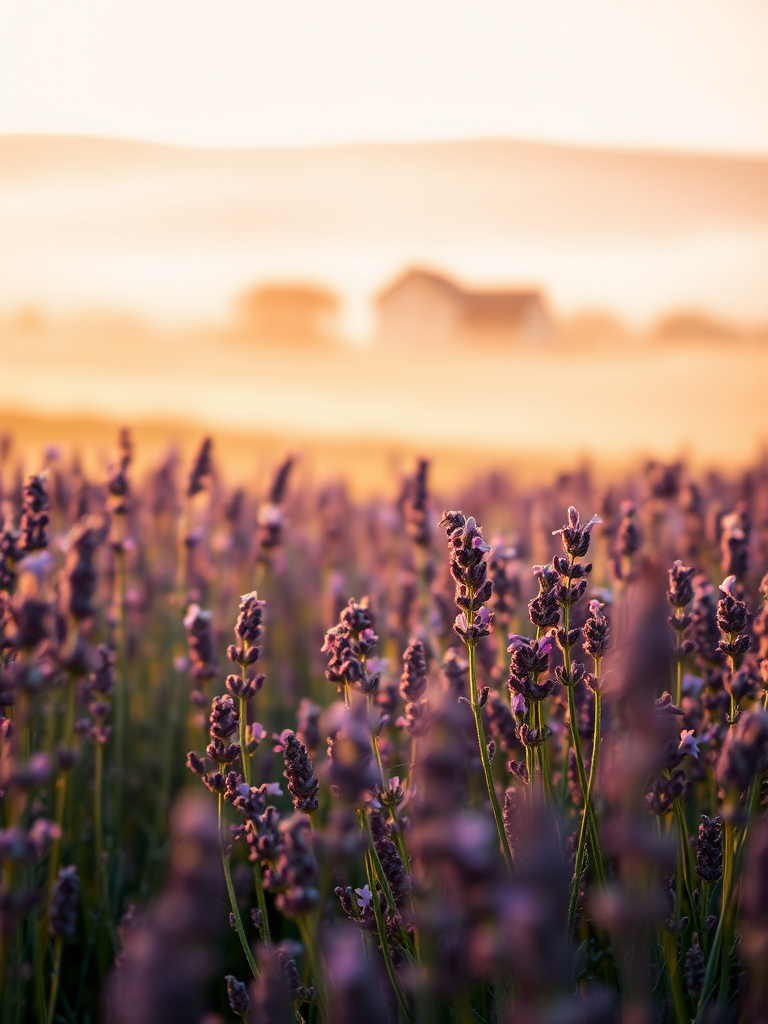 Soft-focus image of a field of lavender at sunrise, with soft golden light illuminating the delicate purple flowers, and a distant farmhouse barely visible through the morning mist.