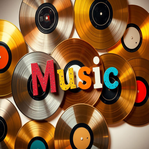 Create a vibrant, high-resolution image of gold and silver vinyl records floating dynamically in an artistic arrangement, with colorful typography spelling "Music" in various styles, using a DSLR camera with a 50mm lens, f/1.8 aperture, 1/125s shutter speed, ISO 100, top-down view, with a studio lighting setup for enhanced brightness and contrast.