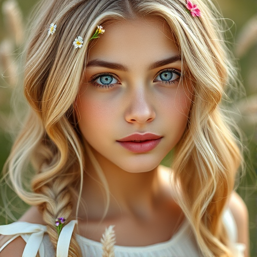 Create an image of a young Latino woman with long, wavy blonde hair, adorned with small, colorful flowers woven into her braids and loose strands. Her complexion is fair, with soft, glowing skin, and she has light blue eyes that gaze softly at the viewer. She wears a light, flowing dress with a gentle, ethereal quality, complementing her delicate and serene appearance. The background is slightly blurred, drawing focus to her tranquil expression and the intricate details of the flowers in her hair. The overall mood of the image is one of natural beauty and grace, evoking a sense of peacefulness and connection with nature.