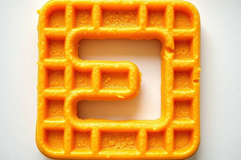 Generate a vibrant, high-resolution image of a waffle-shaped letter "E" with a smooth texture and golden color, captured with a DSLR camera at f/2.8 aperture, ISO 100, 50mm focal length, top-down view, soft natural lighting.
