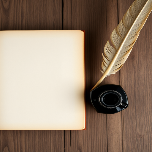 Create an image of an open book with blank pages beside a quill and ink pot, capture with a DSLR camera, 50mm lens, f/2.8 aperture, ISO 100, natural lighting, top-down view for enhanced clarity and detail.