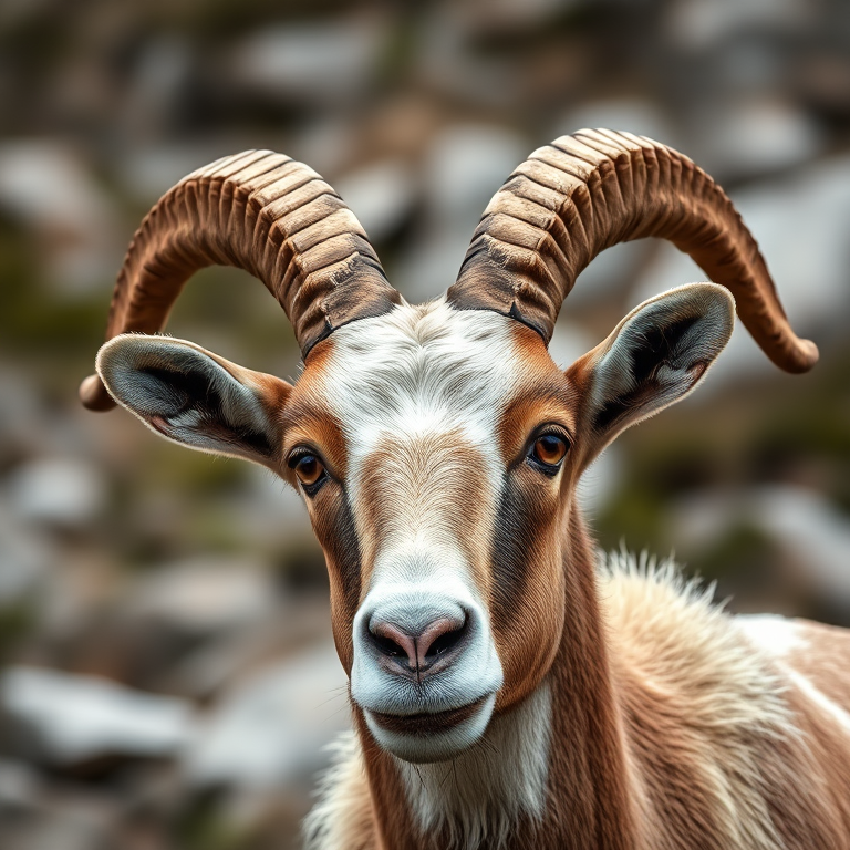 Regenerate an image of a majestic mountain goat with prominent curved horns in a natural setting, captured with a Canon EOS 5D Mark IV, 85mm lens, aperture f/4, ISO 200, natural lighting, shallow depth of field, focusing on the goat's face with a blurred background to enhance detail and texture.