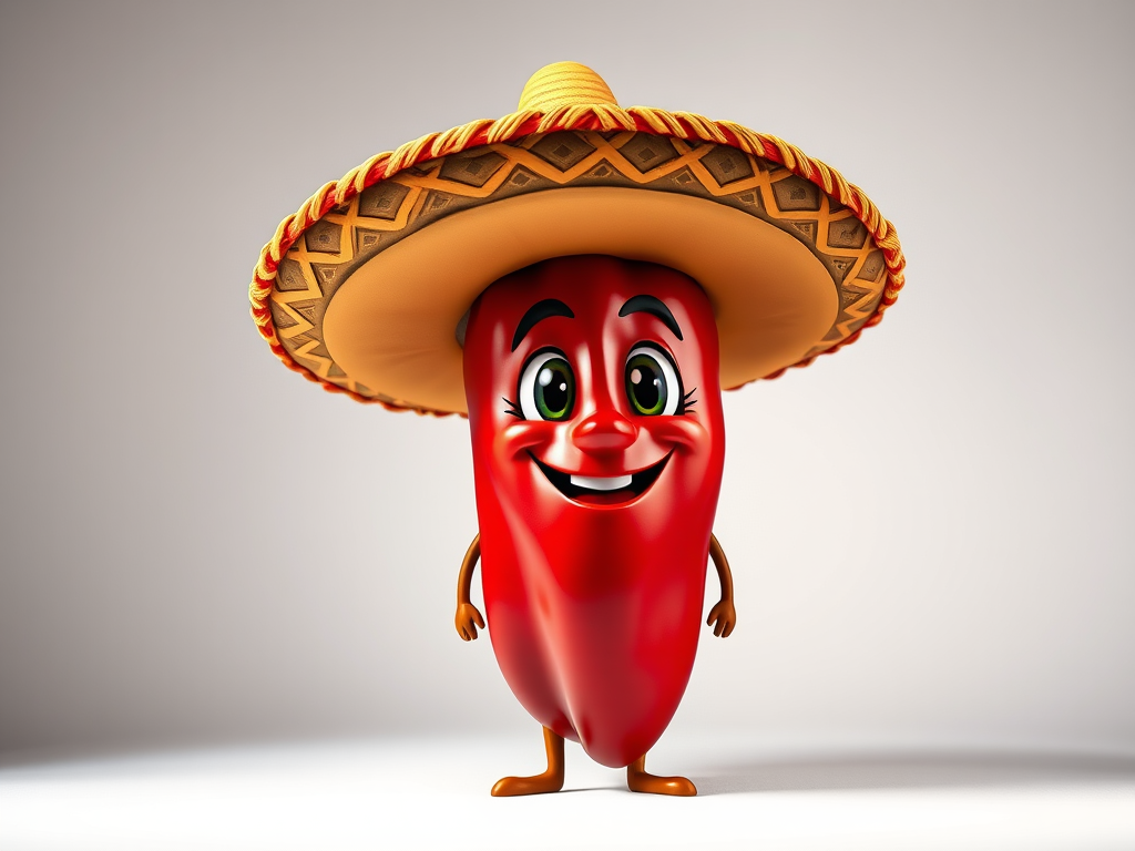 Create an image of a cartoon chili pepper wearing a sombrero with vibrant colors and sharp outlines, shot with a DSLR camera at f/2.8, ISO 100, in a studio setup with diffuse lighting for enhanced details and clarity.