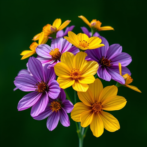 Create a vibrant illustration of a bouquet of flowers featuring purple and yellow blooms against a dark green background, using a macro lens with f/2.8 aperture, ISO 100, 50mm focal length, captured in natural light for enhanced details and colors.