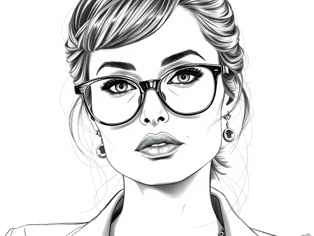 Beautiful Angelina Jolie, pencil sketch, portrait of beautiful woman 60s in glasses, hair style beatnik, outline, clear lines, fine lines, 8k