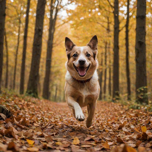 A happy dog running through a forest path during autumn with vibrant leaves, captured with a DSLR camera, 50mm lens, f/2.8 aperture, ISO 200, shutter speed 1/500s, low angle view, soft focus background for dramatic effect.