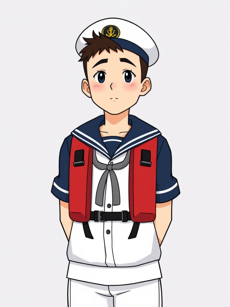 Create an illustration of a sailor wearing a navy uniform with a red life jacket, standing upright with a neutral expression, high-resolution vector style, portrait orientation, 300 DPI.
