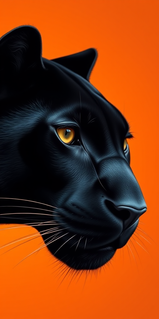 Create a high-definition vector illustration of a sleek black panther's face against a warm orange gradient background, using a Canon EOS R5, 50mm lens, f/1.8 aperture, ISO 100, and a shallow depth of field to enhance detail and contrast.