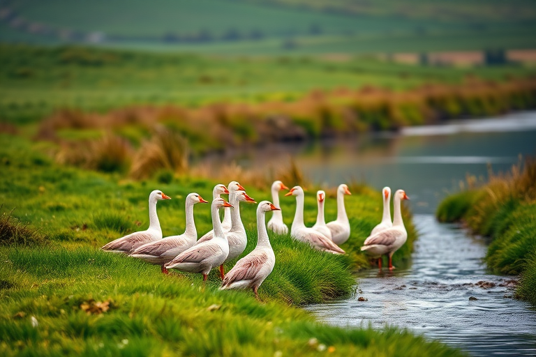 a serene landscape featuring a group of twelve geese gathered near a calming stream, captured with a Canon EOS 90D, 50mm lens, f/5.6 aperture, ISO 200, 1/500 shutter speed, with a soft focus background to highlight the geese in a vibrant green meadow setting