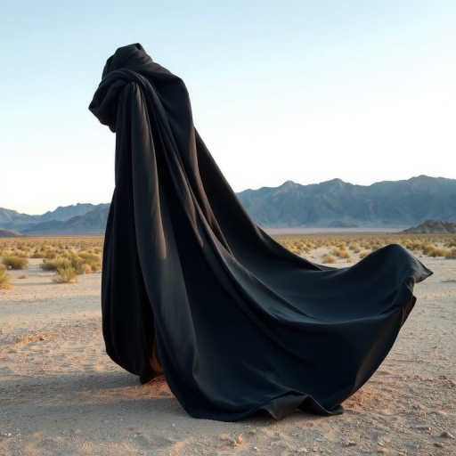 Generate an image of a unique, flowing black form resembling a draped fabric in a desert landscape with mountains in the background, captured using a DSLR camera at f/8, ISO 100, 1/200 sec, in a telephoto view to emphasize texture and detail, utilizing a high dynamic range for enhanced contrast and clarity.