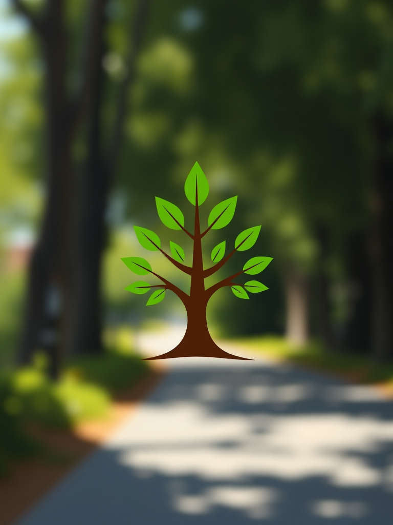 Generate a clean and minimalistic logo design featuring a stylized tree in green and brown colors, shot with a DSLR camera at f/2.8 aperture, ISO 100, 50mm lens, in a clear, natural light setting, with a slight bokeh effect to enhance depth.