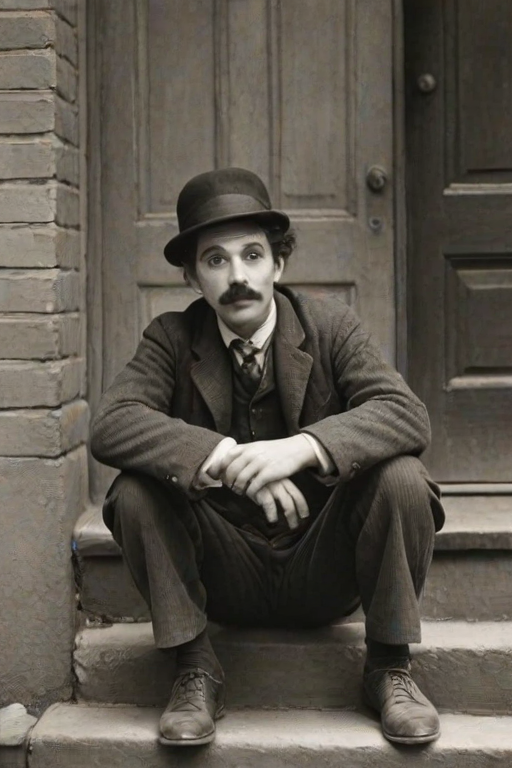 A black-and-white photograph of a man and a child sitting on steps in front of a doorway. The man is dressed as a tramp with a bowler hat, mustache, and ragged clothes, reminiscent of Charlie Chaplin's iconic look. He is sitting with his arms crossed and an expression of slight sadness or frustration. Next to him is a young boy, also in worn clothes and a cap, sitting with his hands clasped, looking thoughtful. The background is an old, textured wall and a partially open door, creating a vintage, early 20th-century atmosphere.