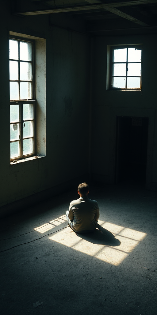 a dimly lit abandoned building interior, a solitary figure sitting on the floor with their back to the viewer, soft natural light casting shadows through dusty windows, high dynamic range imaging, 35mm lens, f/2.8 aperture, ISO 400, shot from a high angle to capture depth, using a DSLR camera for improved clarity and detail