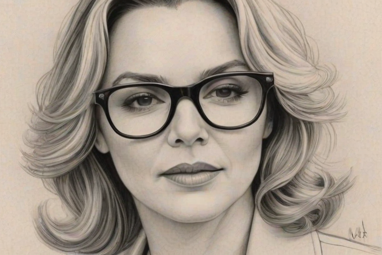 Radiant Kim Cattrall, pencil sketch, portrait of Alluring woman 1943s in glasses, hair style beatnik, outline, clear lines, fine lines, 8k